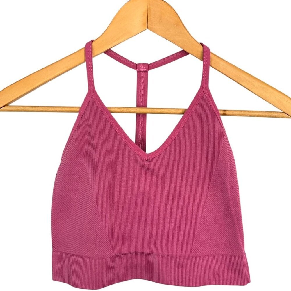 Spiritual Gangster Icon T-Back Sports Bra Pink Ribbed Size M / L V Neck